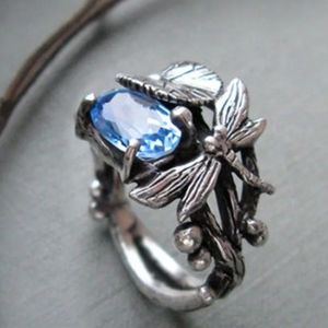 2 CT Oval Blue Aquamarine Dragonfly Silver Ring